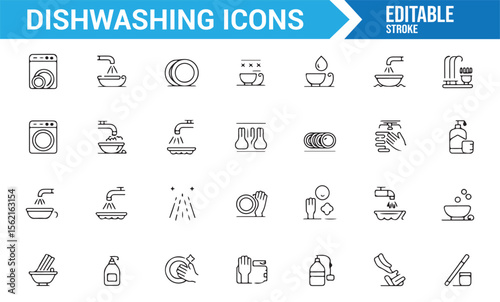 A collection of dishwashing icons, depicting various cleaning tools, detergent bottles, and dishwashing activities in a minimalist line art style.