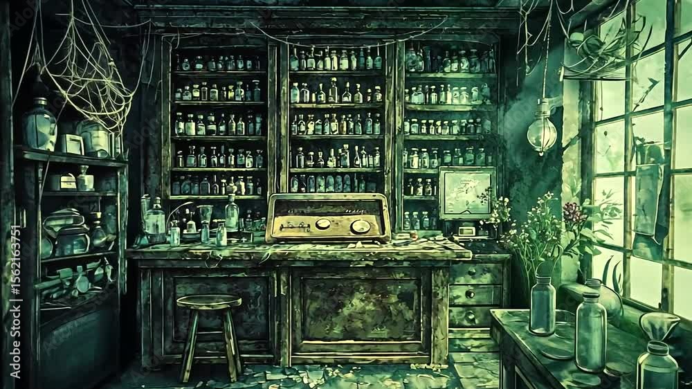 Abandoned apothecary filled with vintage bottles, plants, and a dusty workbench in a sunlit room