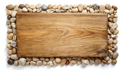 A rustic wooden sign is surrounded by a border of smooth, colorful stones, isolated on white background