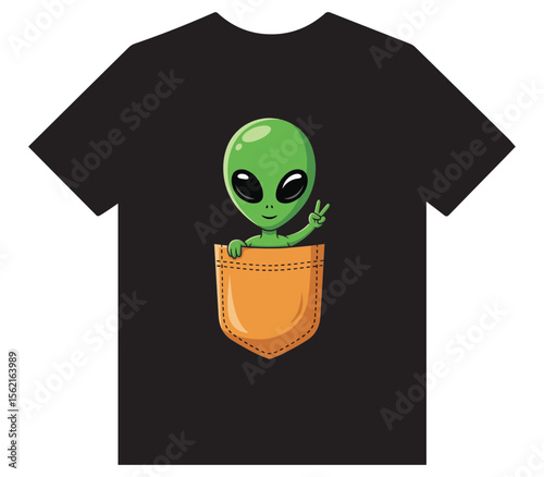 Cute Green Alien Waving Peace Sign from Pocket - Funny Extraterrestrial T-Shirt Design