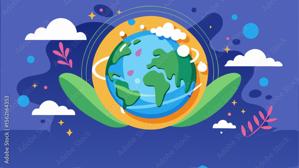 Obraz premium Flat illustration of Earth held by green hands surrounded by clouds, stars and plants, symbolizing global care and environmental protection