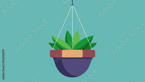 Minimal flat illustration of a purple hanging planter with green leafy plant on a teal background