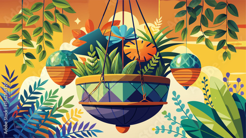 Colorful illustration of a vibrant hanging planter filled with lush foliage and surrounded by decorative leaves under a golden sunset sky