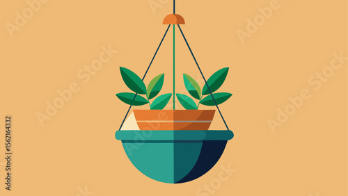 Flat illustration of a green hanging planter with potted plant and leafy foliage on a warm peach background