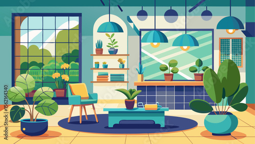 Colorful illustration of a cozy interiorscaped room with large plants, stylish furniture, bookshelves and natural light from big windows