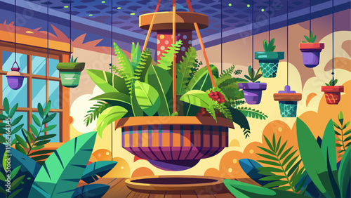 Colorful illustration of a lush indoor space with a large central hanging planter surrounded by multiple small potted hanging plants