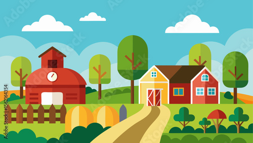 Colorful illustration of a neighborhood farm with barns, trees, dirt road, pumpkins and clear blue sky in a rural landscape
