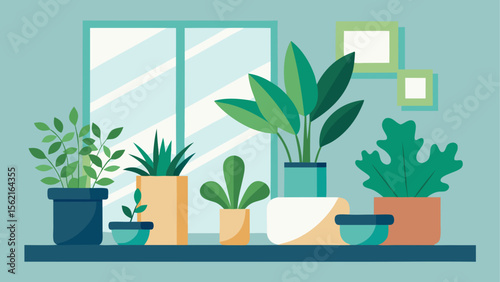 Flat illustration of indoor plantscaping with various potted green plants arranged on a windowsill in a minimal modern interior