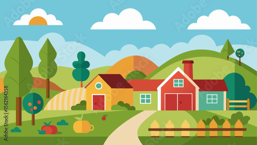 Flat vector illustration of a peaceful neighborhood farm with houses, trees, hills, garden produce and bright sunny weather