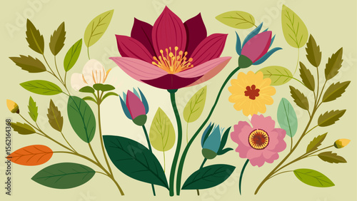 Flat illustration of colorful pressed flowers and green leaves arranged artistically on a light background