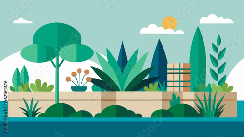 Flat illustration of modern plantscaping with various green plants, shrubs and geometric trees in a landscaped outdoor setting