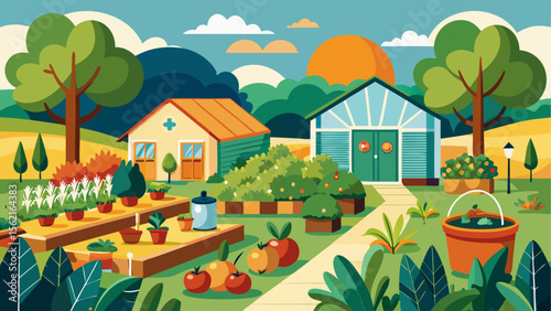 Colorful illustration of a self-sufficient garden with greenhouse, vegetables, fruit trees and raised beds under a bright sunset sky
