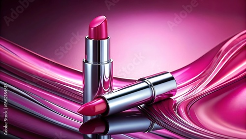 Two tubes of shiny pink lipstick lie on a reflective pink surface, creating a glamorous and elegant display