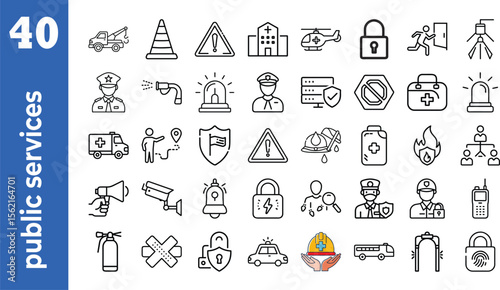Set of 40 outline icons related to public services. This outline icon set includes government services, healthcare, emergency services, utilities, and more. Editable stroke. Vector illustration