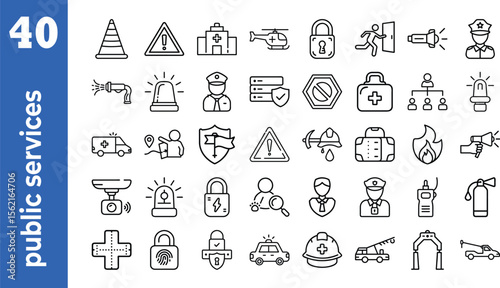 Set of 40 outline icons related to public services. This outline icon set includes government services, healthcare, emergency services, utilities, and more. Editable stroke. Vector illustration