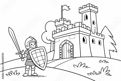 Coloring page of a knight in shining armor with a sword and shield, guarding a castle. Fantasy theme, simple outlines, black and white, for coloring