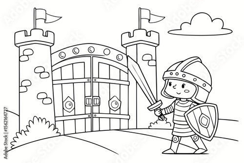 Coloring page of a knight in shining armor with a sword and shield, guarding a castle. Fantasy theme, simple outlines, black and white, for coloring