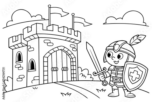 Coloring page of a knight in shining armor with a sword and shield, guarding a castle. Fantasy theme, simple outlines, black and white, for coloring