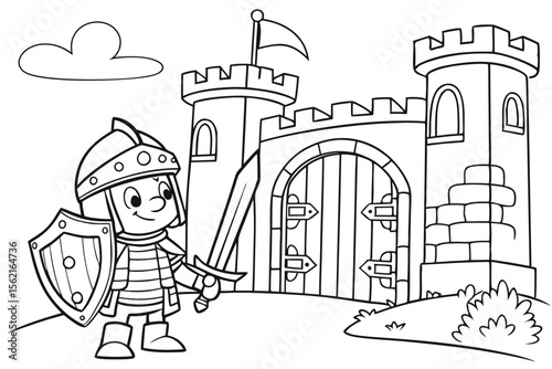 Coloring page of a knight in shining armor with a sword and shield, guarding a castle. Fantasy theme, simple outlines, black and white, for coloring