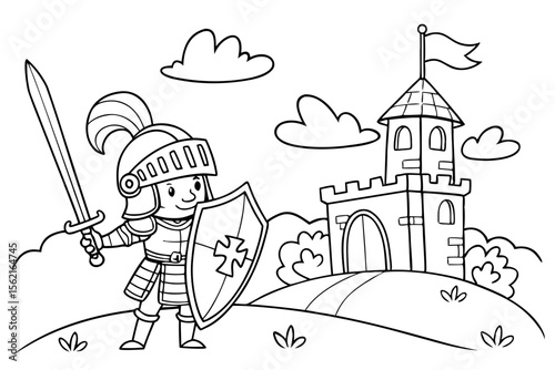 Coloring page of a knight in shining armor with a sword and shield, guarding a castle. Fantasy theme, simple outlines, black and white, for coloring