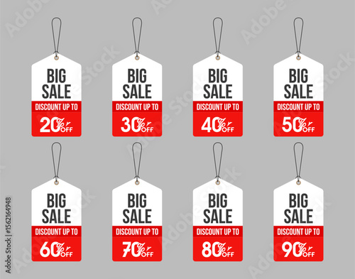 Red sale tags and labels with ribbons, perfect for promoting discounted prices in retail and business