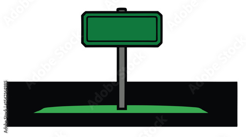 A simple cartoon illustration of a blank green road sign on a pole set against a white background with a black ground line and a green grassy base