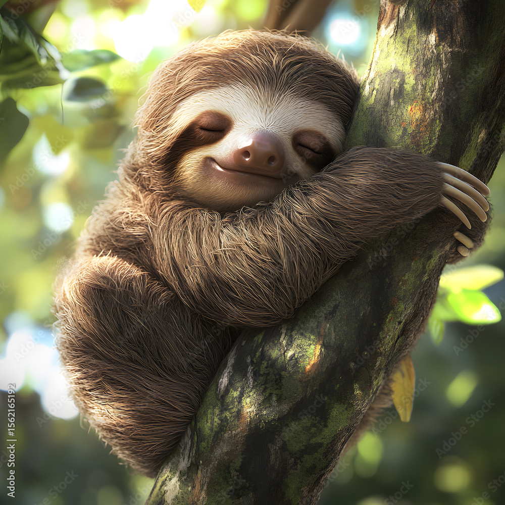 Fototapeta premium Realistic Portrait of a Baby Sloth Hanging on Tree