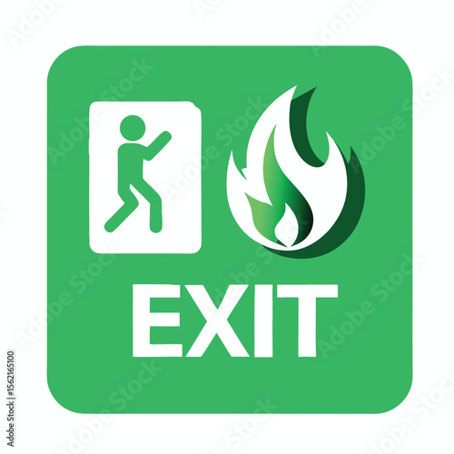 Green exit sign with a running man symbol and flame icon indicating fire safety and emergency evacuation route