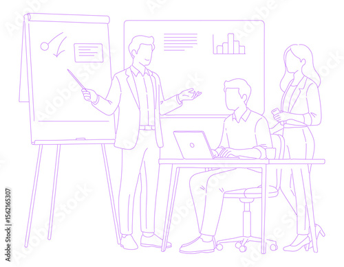 Coworkers working in modern office lineart illustration