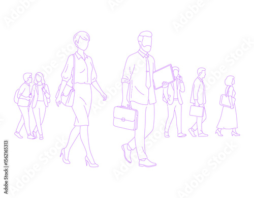 People commuting to work line art illustration