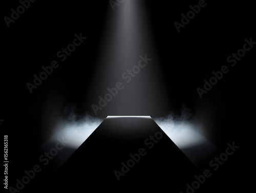 A bright blue spotlight beam illuminates the dark theater stage for a music concert scene