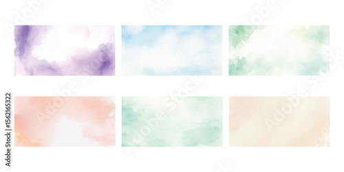 Set of 6 Pastel Watercolor Backgrounds in Soft Sky Blue, Mint Green, Peach Blush, Lavender, Cream Beige, and Soft Green – Hand-Painted Aquarelle Textures for Elegant Web Design, Posters, Invitations, 