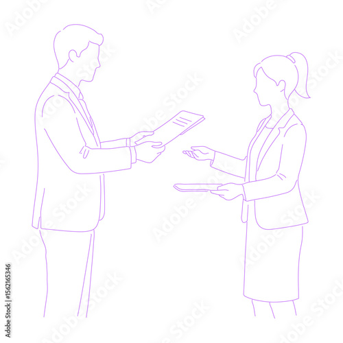 person submitting report and person receiving it in office lineart illustration