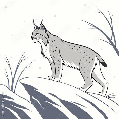 Lynx in Snowy Terrain Vector – Elegant Winter Wildlife Illustration on White Background


