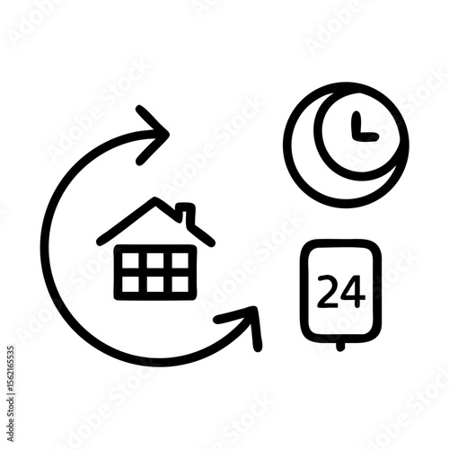 Continuous Home Services: A symbolic illustration of a home with arrows encircling, accompanied by a clock and the number 24, alluding to constant home services and availability. 