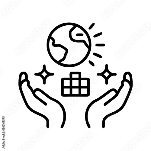 Planet Care: A symbolic representation of hands cradling the Earth, alongside a sun and a solar panel, symbolizing environmental protection and sustainable energy solutions.