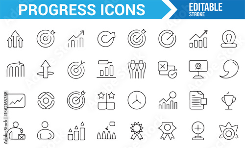 Line art icons of progress, targets, and growth indicators for business and performance designs.