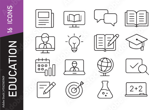 Modern Learning & Education UI Outline Icons – 16 Minimal Line Style Symbols for E-Learning Platforms