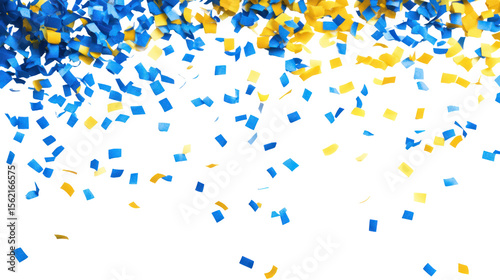 blue and yellow confetti on white background