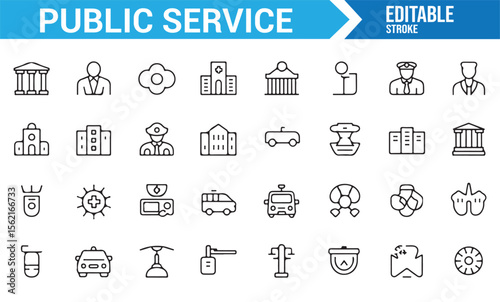 Collection of icons for public services, featuring hospitals, police, courts, and government offices.