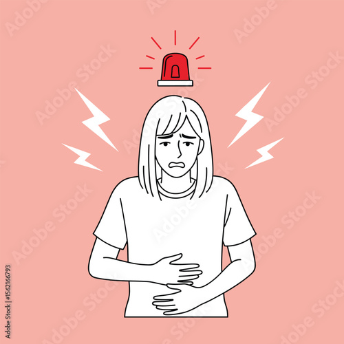 Stressed Woman with Alarm Bell on Head, Anxiety and Overwhelm Illustration, Emotional Strain Concept