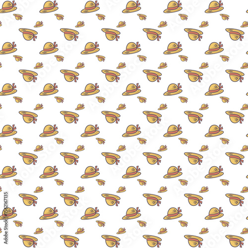 Pattern of Straw Hats With Decorative Ribbons on a White Background