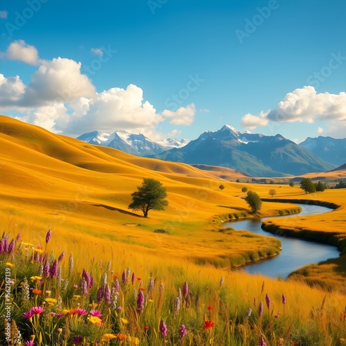 It depicts a tranquil landscape featuring gentle hills covered with golden grass.