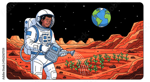 Flat illustration of an astronaut watering plants on Mars with Earth visible in the sky. AI