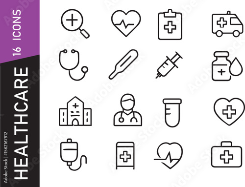 Modern Healthcare & Medical Icons – 16 Clean Outline Symbols for Clinics, Health Apps & Dashboards