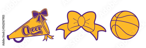 Cheerleading Pompom, a Bow and a Basketball. Purple and Gold Cheerleader Vector.