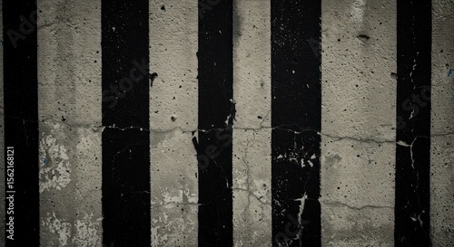 Concrete wall with painted vertical black and beige stripes Cracked and textured surface