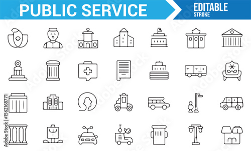 Collection of minimalist public service symbols representing various government services and offices.