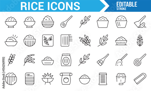 Collection of rice-related symbols, including bowls, grains, and packaging for food-themed designs.