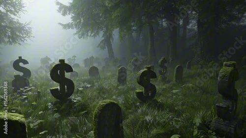 A quiet graveyard in thick morning fog shows headstones shaped like worn-down $ signs, with grass growing around them